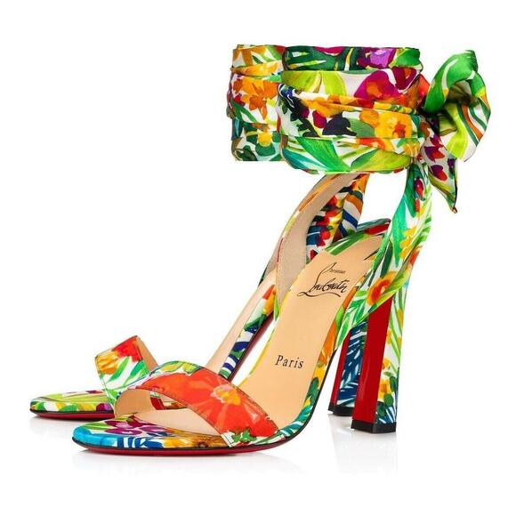 Christian Louboutin Crosse Du Desert 100 Floral Lace Up Tie Sandal Heel Pump 36 - Picture 1 of 12